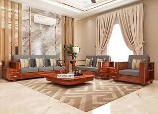 Sheesham Wood 6 Seater Sofa Set with 2 Drawer Storage | 3+2+1 Wooden Sofa Set Furniture for Living Room Home Office (40 Density Cushion,Honey Finish)
