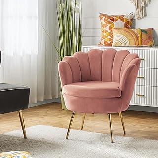 HULALA HOME Modern Velvet Accent Chair with Shell Shaped Back, Cute Living Room Bedroom Armchair Sofa Chair with Gold Legs, Comfy Upholstered Vanity Chair for Makeup Room, Pink