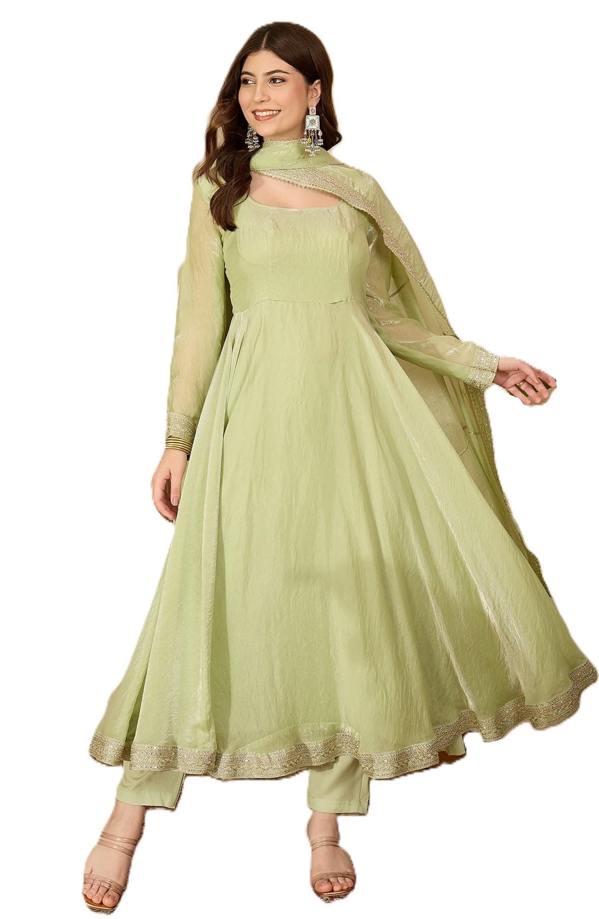 Pandadi Saree Women's Fendy Silk Embroidery Anarkali Kurta with Trouser and Dupatta