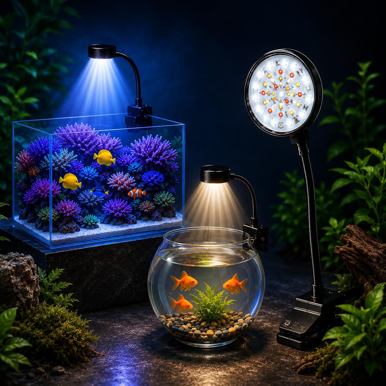 COLOURFUL - Nano Aquarium Lamp 2.5W | 3 Mode Color Change | 360 Degree Flexible to Adjust Light | Wired Controller | Salt & Fresh Water Small Clip Light for Fish Tank | N Series (N6, 2.5w)