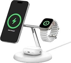 Belkin MagSafe 3-in-1 Qi2 Wireless Charger Stand 15W | Fast Charging iPhone Charger for iPhone 16, 15, 14 & 13 Series, AirPods, & Apple Watch | 36W Charger Included | White