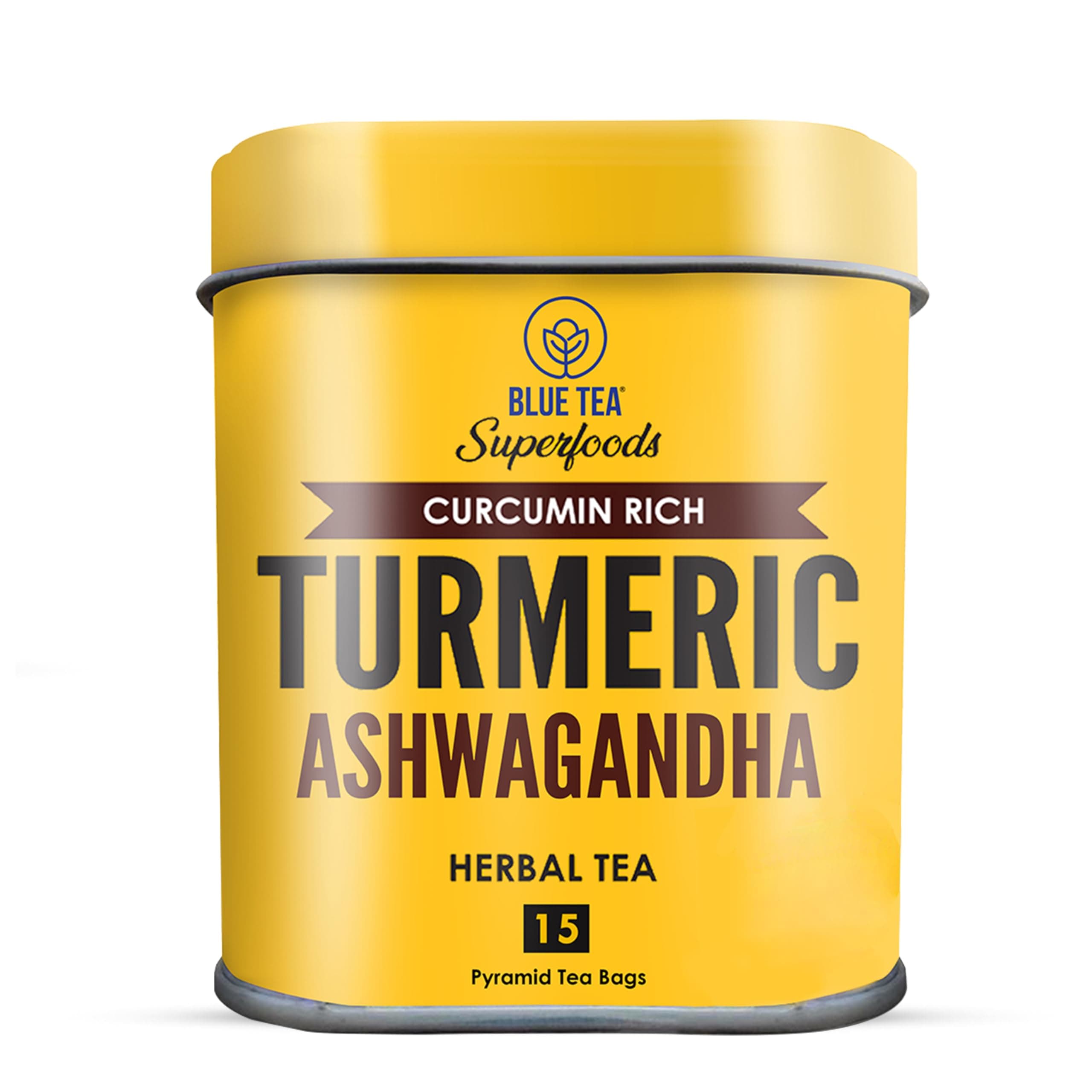 BLUE TEA - Turmeric Tea - Ashwagandha - 15 Tea Bags - Plant Based | CURCUMIN RICH - HERBAL BLEND | Immunity Booster - Caffeine Free - Herbal Tea - Gluten Free | Tin Pack
