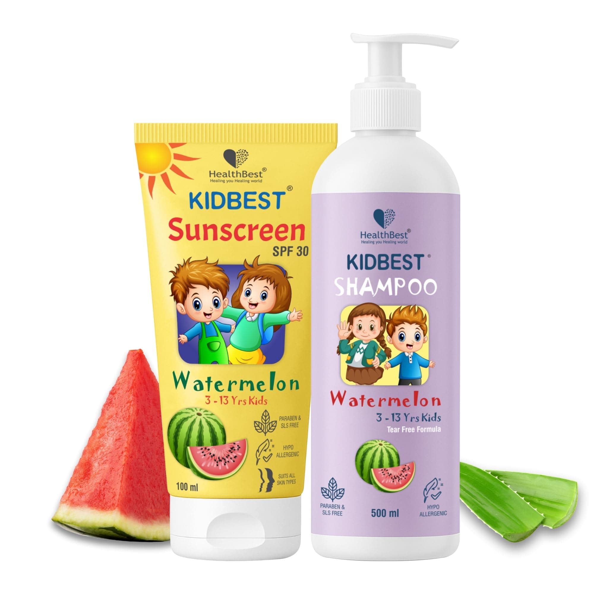 HealthBest Kids Sunscreen SPF 30 PA+++ 100ml & Tear Free Shampoo 500ml Combo | Broad Spectrum UVA/UVB Protection & Gentle Hair Care | Ideal for Sensitive Skin & Scalp | Non-Toxic, Paraben, SLS Free