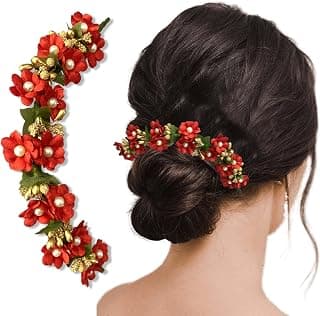 Temperia Temperia Hair Accessories For Women's & Girls -Stylish Red Rose Artificial Flowers Bun Juda Bridal Brooch & Braid For Hairstyle & Decoration - Pins & Clips For Style Of Bride, Wedding & Party (Mn106)
