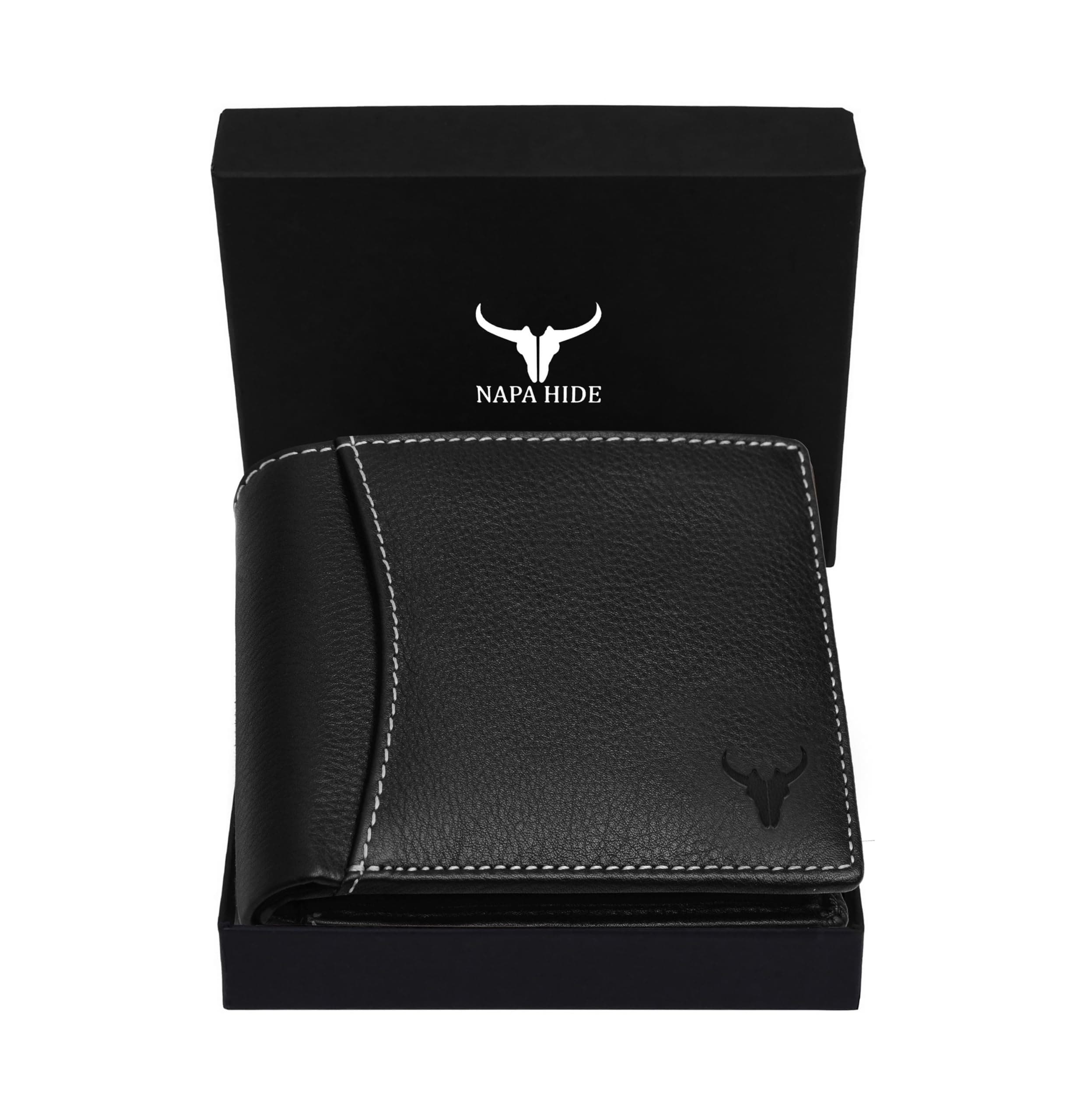 NAPA HIDE Black Leather Wallet for Men I 6 Credit/Debit Card Slots I 2 Currency Compartments I 1 ID Window I 2 Secret Compartments I 1 Coin & Zip Pocket