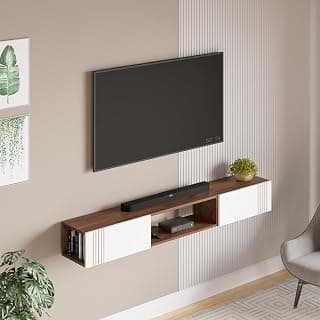 BLUEWUD Darien Engineering Wood Wall Mount TV Entertainment Unit Set Top Box Stand/TV Cabinet Panel with Shelves for Books & Décor Display Unit Bed Living Room Upto 60 Inches (Brown Maple & White)