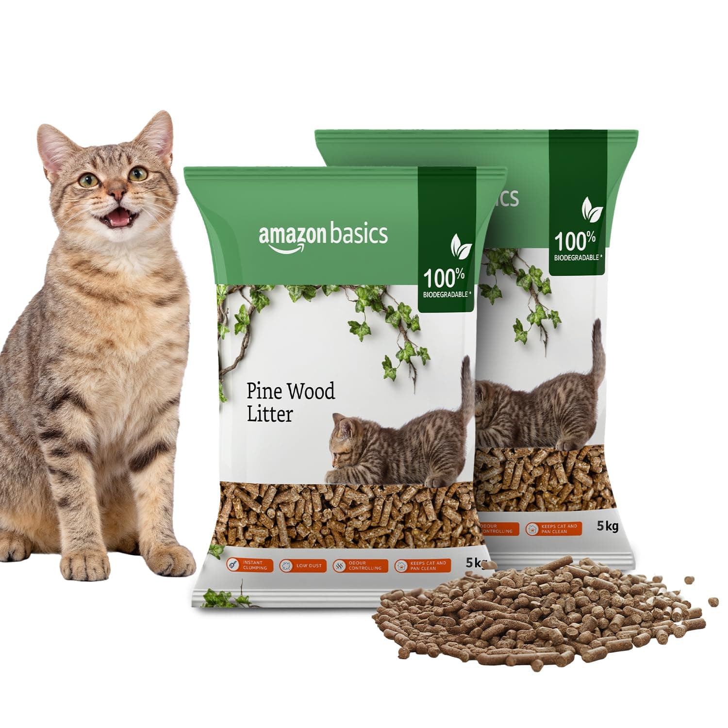 Amazon Basics Premium Pine Wood Cat Litter | 10 Kg (5 Kg x 2 Packs) | Unscented | 100% Natural | Biodegradable | Fast Absorption | Low Dust | Odor Control