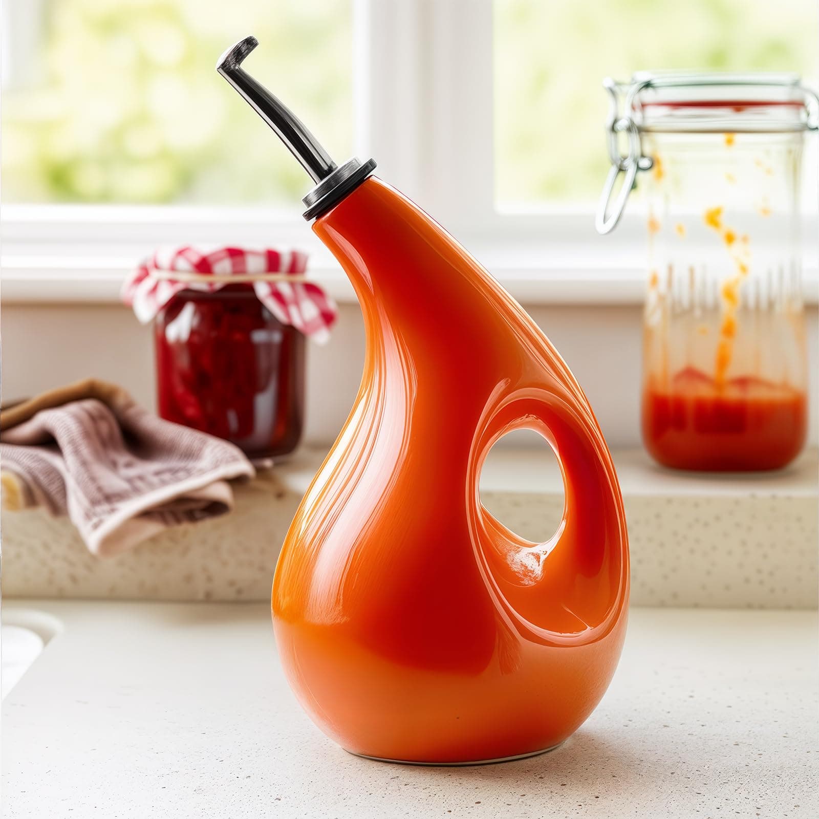 Decor & More - Ceramic Oil Dispenser 500 ML | Oil Container for Kitchen Decor | Oil Dispenser with Adjustable Removal Steel Lid for kitchen storage | Orange set of 1