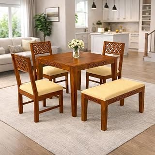 KENDALWOOD Furniture | Sheesham Wood CNC Cuting Dining Table with 3 Chairs with 1 Bench | 4 Seater Dining Set |1 Year Warranty | Honey Finish with Cream Cushions -DIY(Do-It-Yourself)