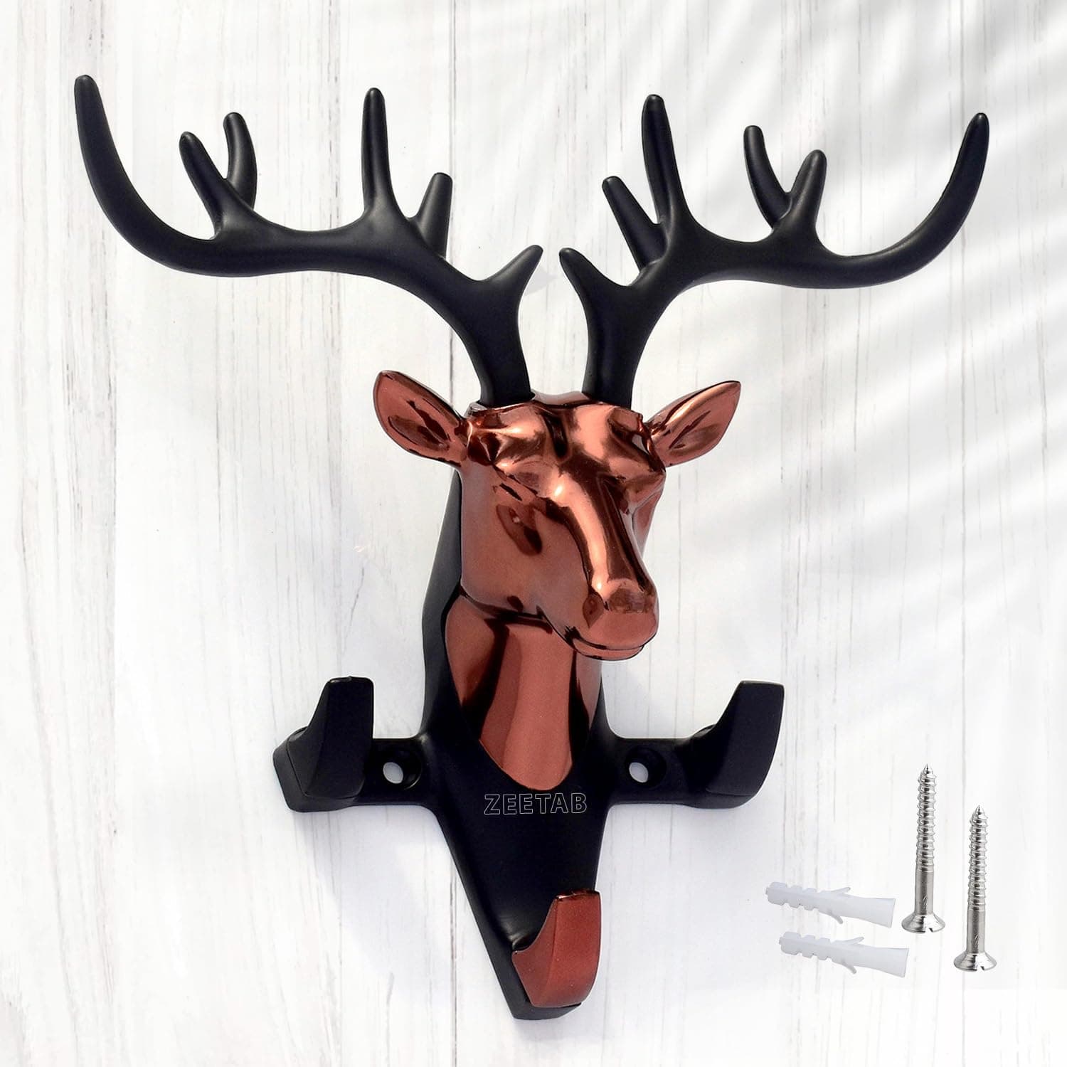 Zeetab Deer Key Holder, Wall Mount Cloth Hanger & Metal Key Stand with 3 Hook | Home Decor Gift (Rose Gold)