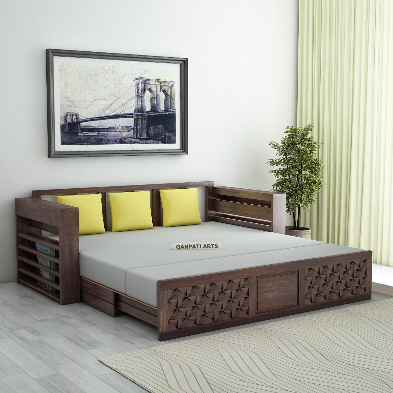 Ganpati Arts Solid Sheesham Wood 3 Seater Raj Sofa Cum Bed with Side Pockets for Home Living Room (Walnut Finish)