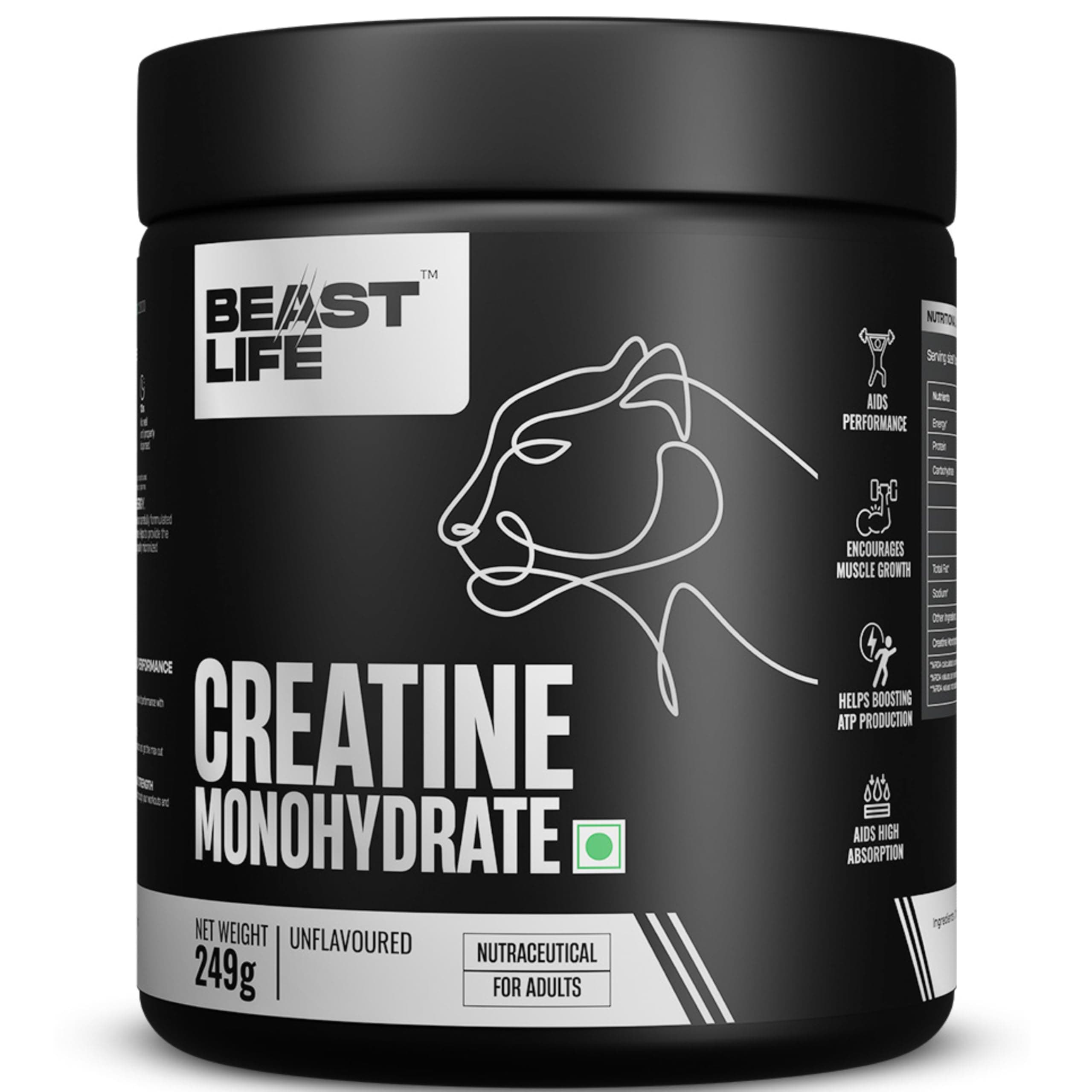 BEASTLIFE Super Micronized Creatine Monohydrate 249g | 83 Servings Unflavoured Powder| NABL Lab Tested | Premium Sports Nutrition for Strength & Performance