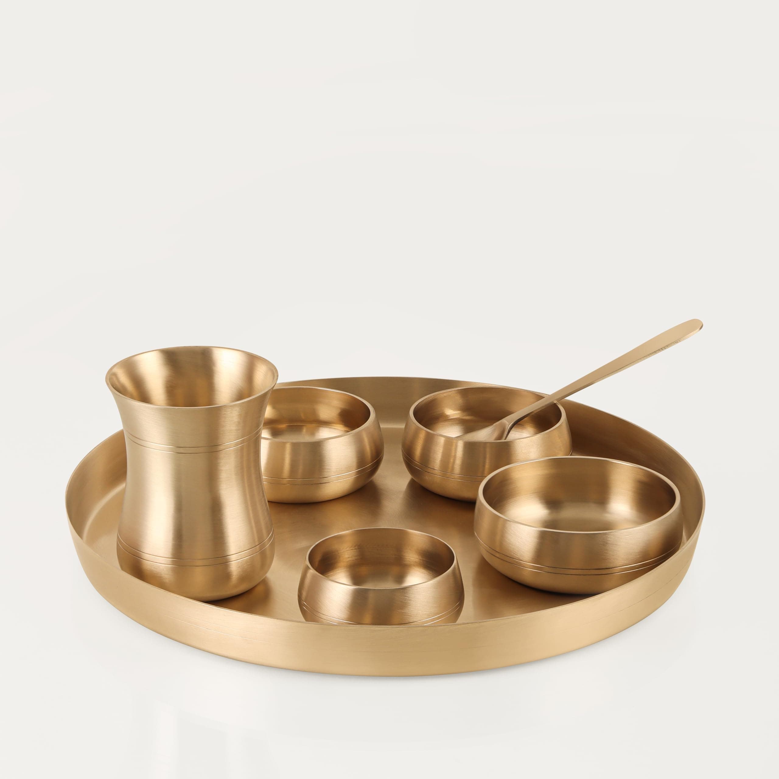 THE HEALING STORE 6-Piece Kansa Solid Dinner Set|Matte Finish|1 Plate (11.5" Thali),2 Bowls,1 Glass,1 Sweet Dish Plate,1 Spoon | Bronze Kansa Dinner Set 6 (eaching Design) (gulfa matt)