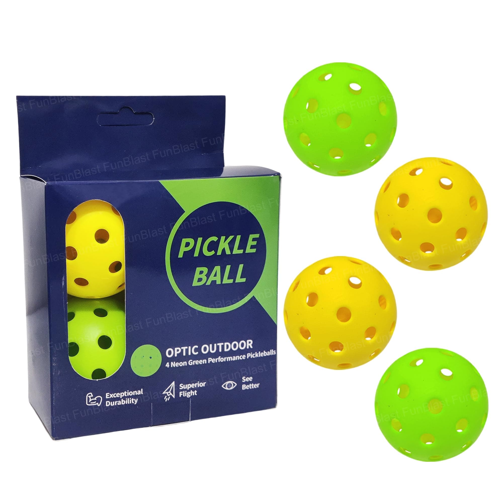 FunBlast Pickle Ball – Pack of 4 Durable Outdoor/Indoor Balls with 40 Precision Molded Holes, Optic Outdoor 4 Neon Green Performance Pickleballs, High Visibility for Consistent Play