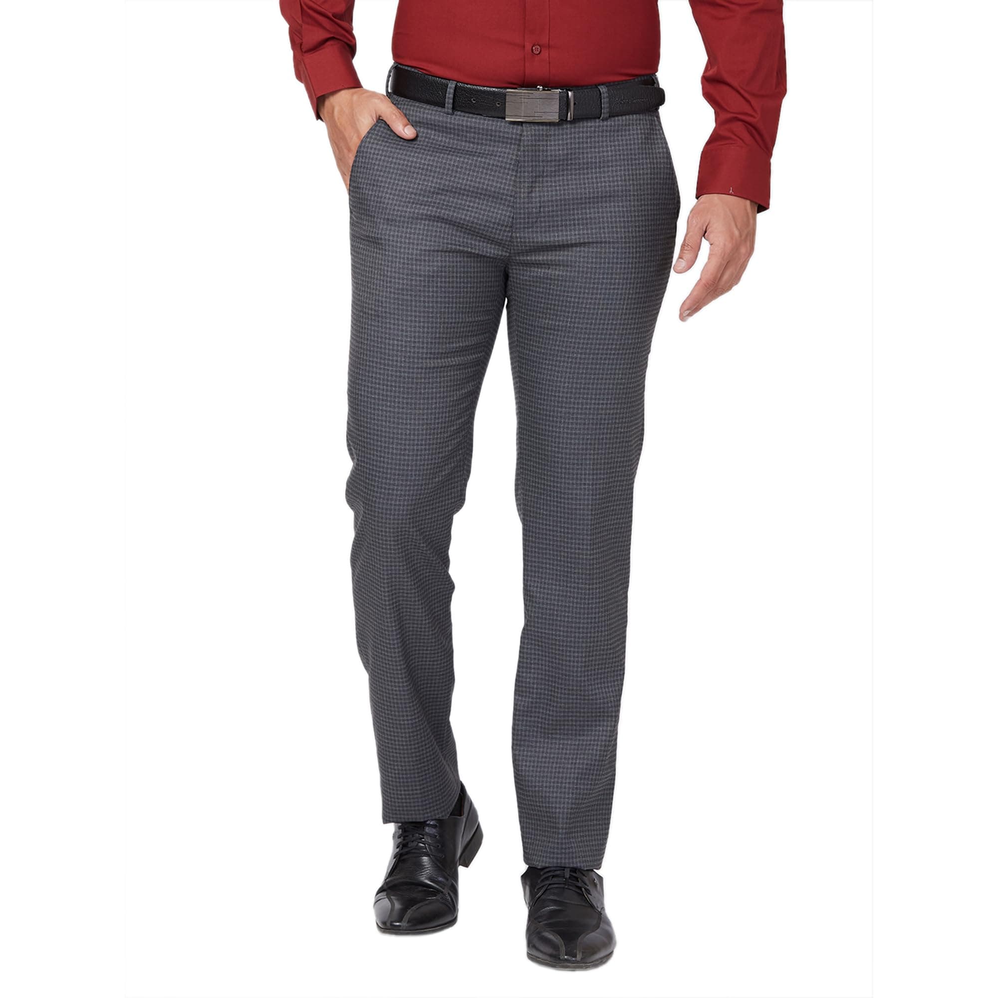 Raymond Men's Slim Fit Mid Rise Checks Pattern Poly Viscose Blend Flat Front Formal Trouser