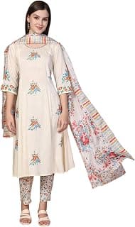 Aurelia Women's Floral Printed Embroidered A-Line Cotton Kurta with Trouser and Dupatta Set