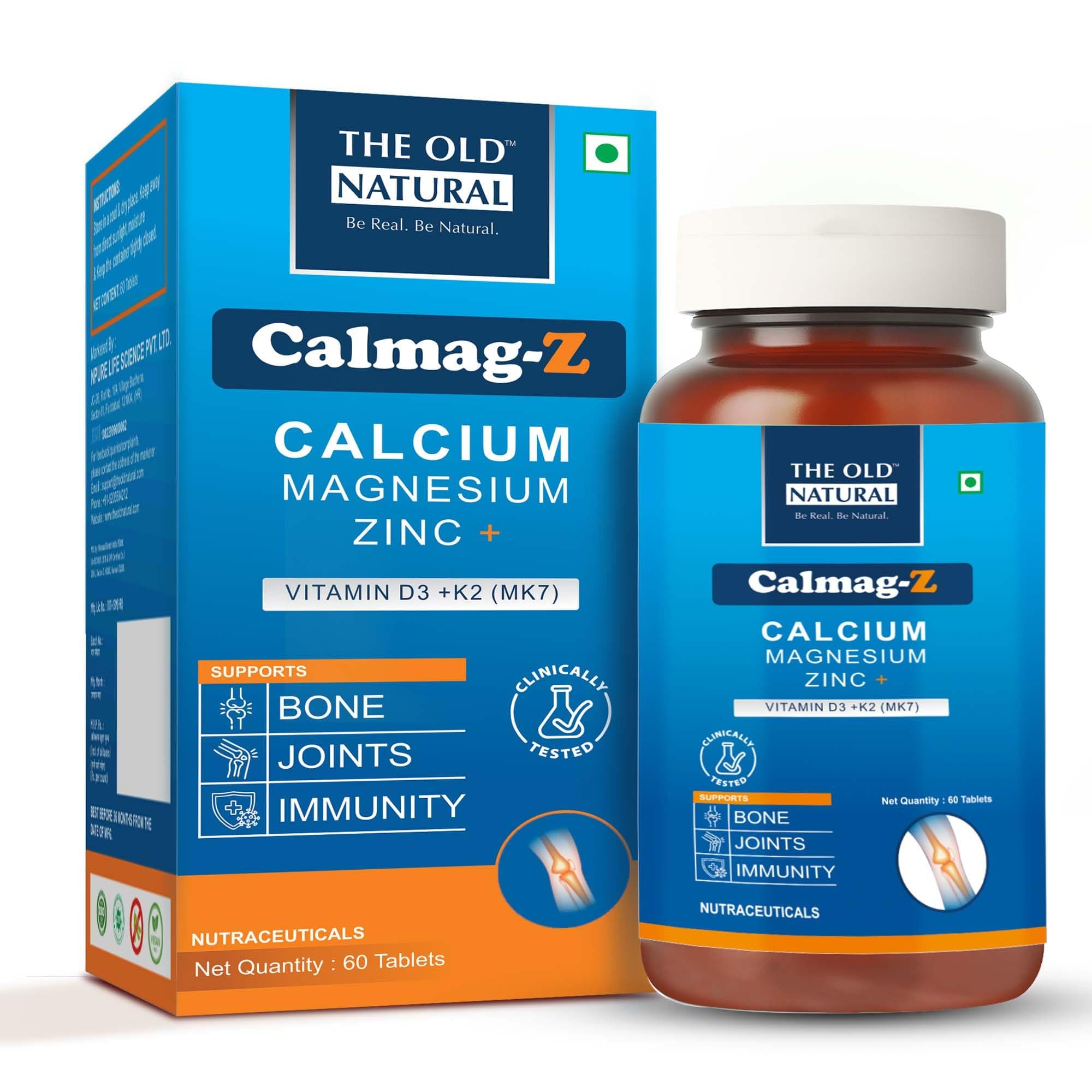 The Old Natural Calmag-Z Calcium Magnesium Zinc Tablets with Vitamin D3 & K2 MK7, Calcium Citrate Malate for Bone Health, Joint Support, Muscle Strength & Immunity - 60 Veg Tablets
