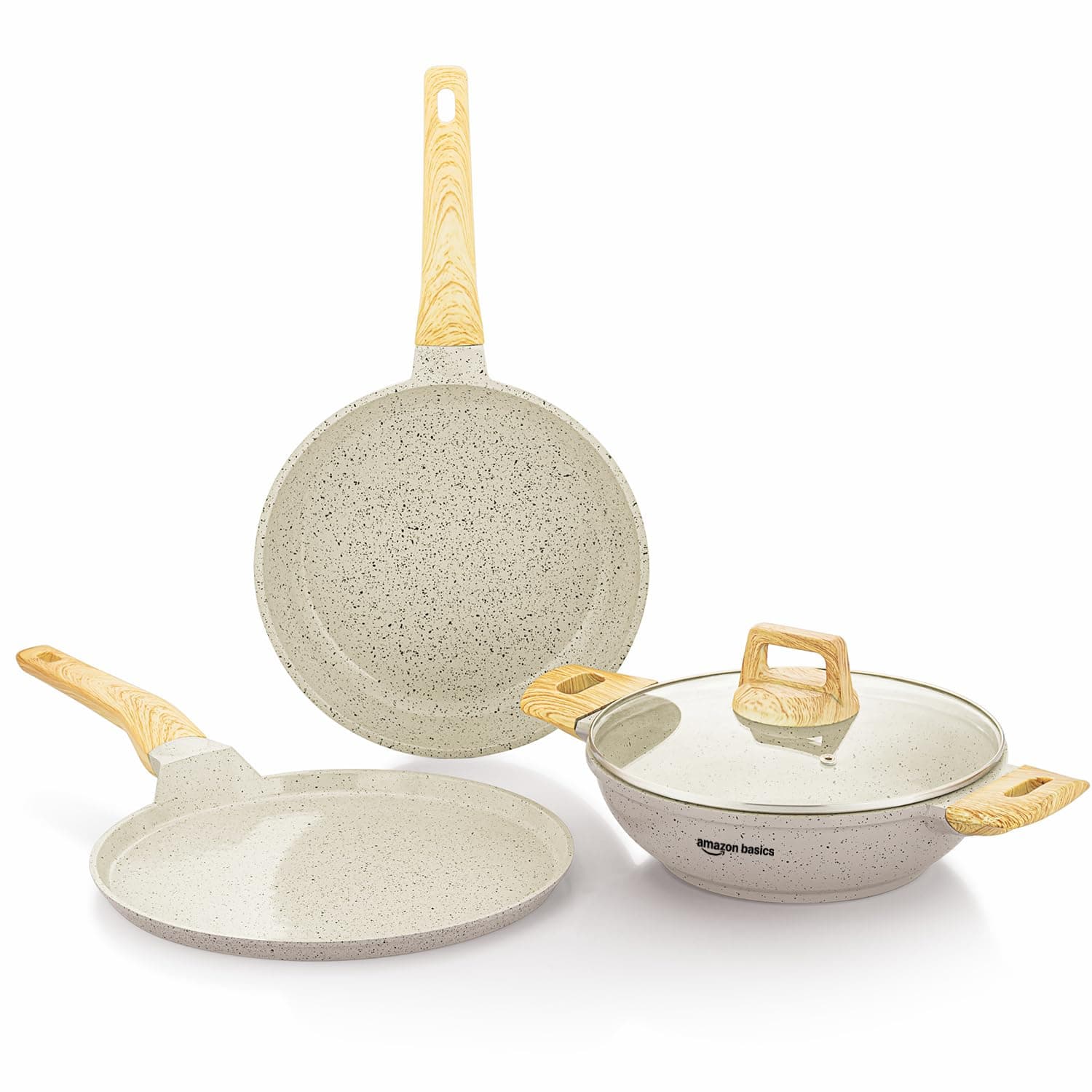 Amazon Basics Ceramic Non Stick Cookware Set 3 Pieces | 28cm Dosa Tawa, 24cm Fry Pan, 24cm Kadai with Glass Lid (2.3L) | Gas & Induction Compatible | Wooden Finish Bakelite Handle | Ivory