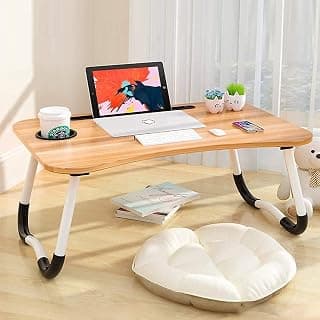 TEKCOOL Study Table Foldable Wooden Laptop Bed Tray Table, Multifunction Lap Tablet Desk with Cup Holder, Perfect for Eating Breakfast, Reading Book, Working, Watching Movie On Bed, 60 cm