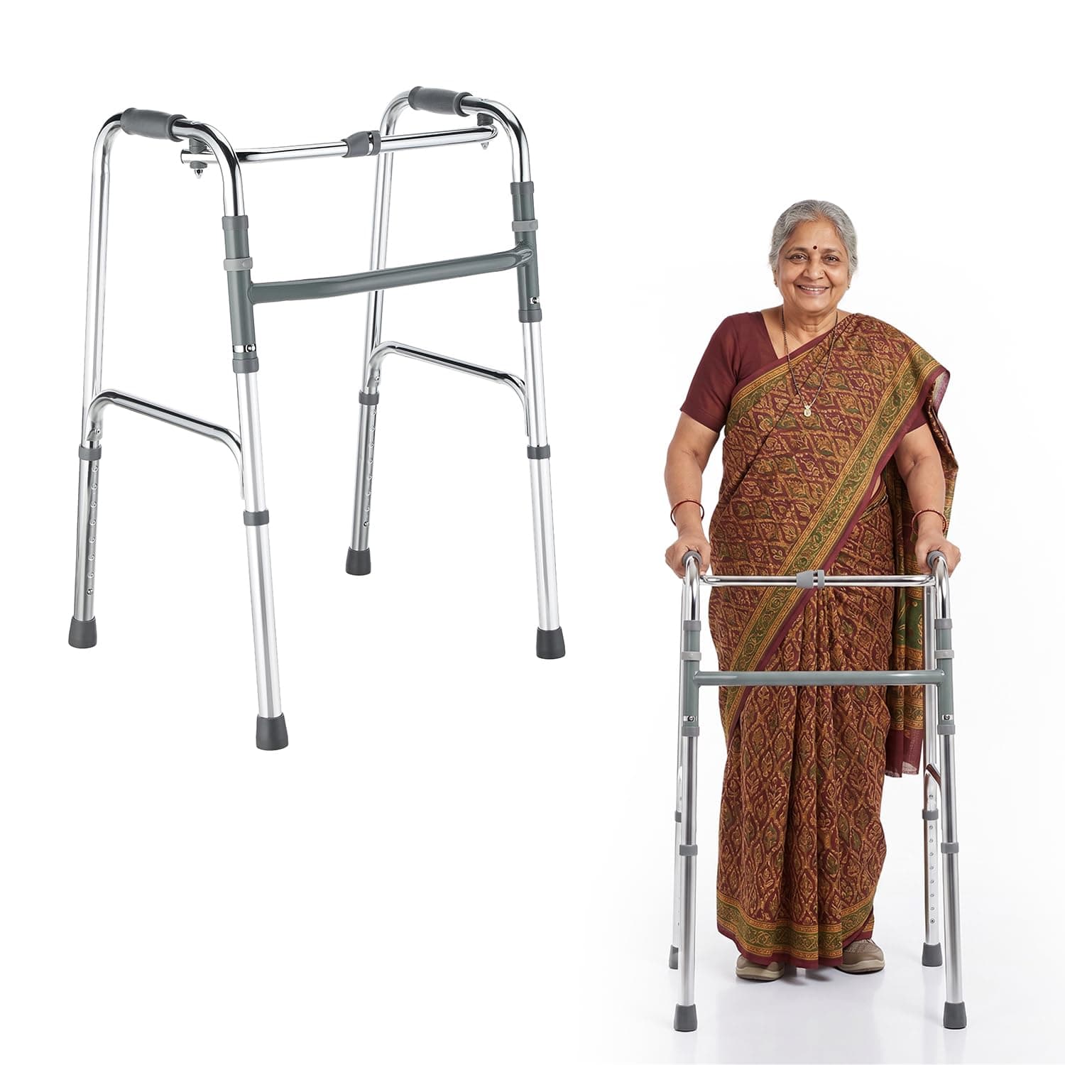 Amazon Basics Foldable Walker | Adjustable Height Walking Aid with Ergonomic Grip | Compact & Stable Steel Frame for Indoor Use | Elderly & Senior Support