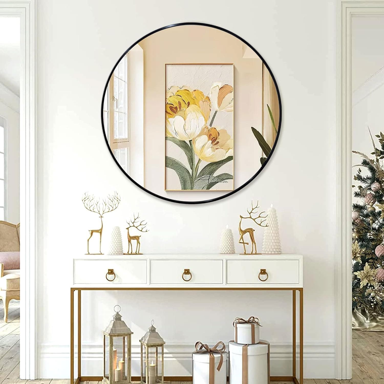 The Arts Box Round Wall Mirror I Metal Frame I Modern Design Metal Frame I Bathroom Wash Basin, Bedroom, Drawing Room (Black, 22 Inch)