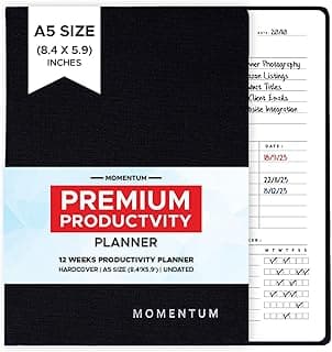 MOMENTUM 2026 Undated A5 Productivity Planner Journal – 192 Pages Daily, Weekly & Monthly Organizer with Motivational Stickers & Postcards | Study Planner for Students, Office & Personal Use (Black)