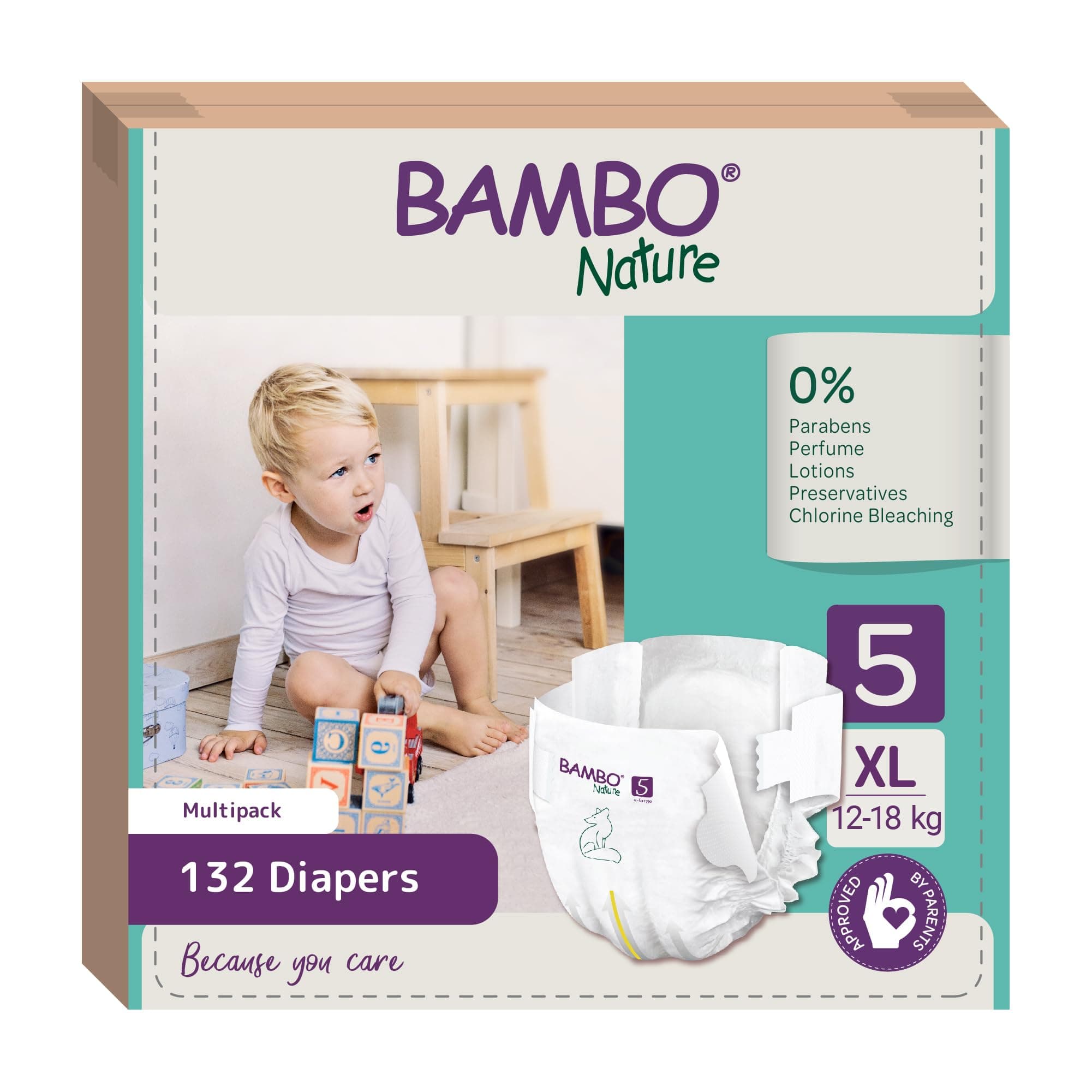Bambo Nature Premium Baby Tape Diapers for Kids XL Size (12-18 Kgs), Super Absorbent, Breathable, Extra Soft, Dermatologically Tested, Hypoallergenic Infant Nappies With Wetness Indicator, 132 Count