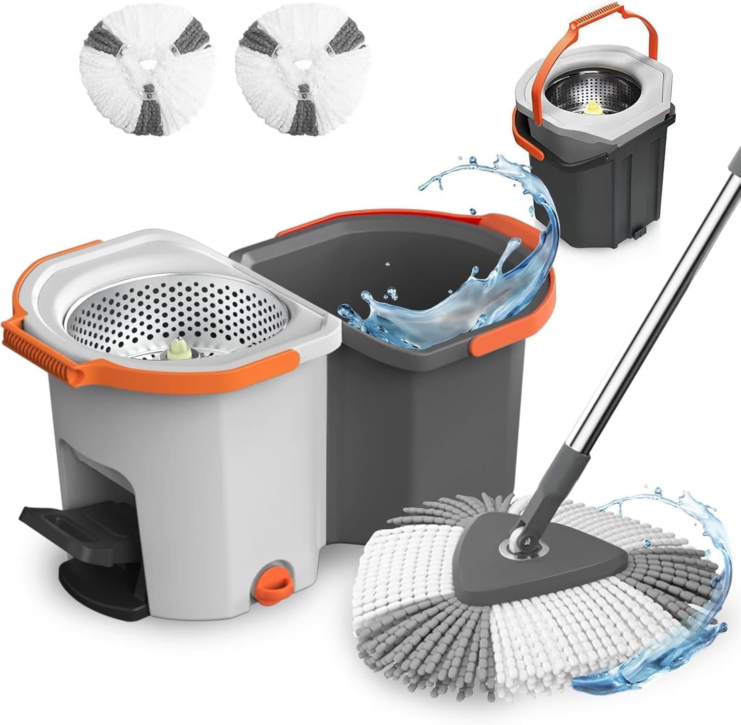 EXVITO 360°Spin Mop with Bucket | Dual Drive Floor Cleaning System with Stainless Steel Wringer | Super Absorbent Microfiber Heads 2 Refills Easy Self-Wringing MopSet for Home &Office - Pedal White