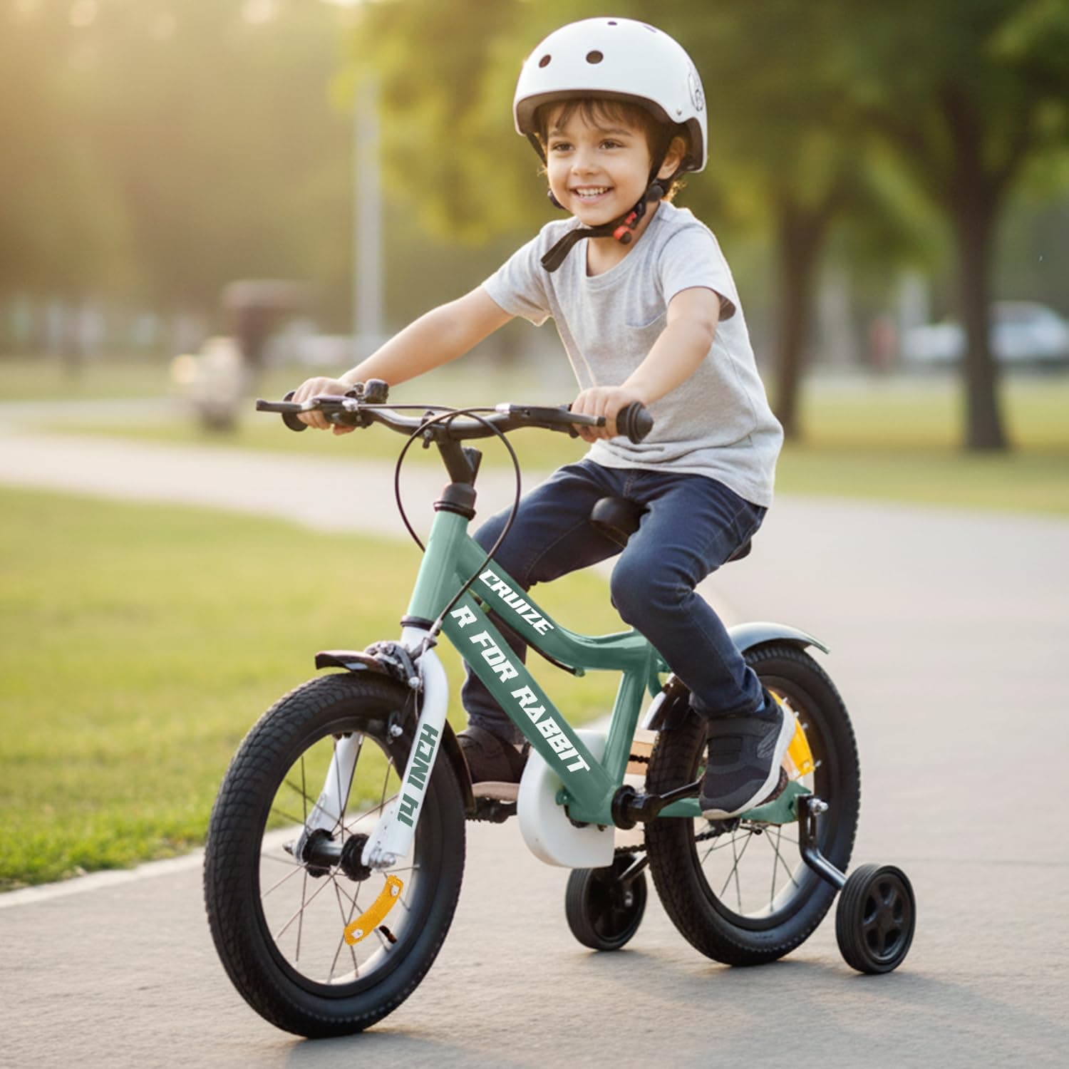 R for Rabbit Cruize Bicycle for Kids 14T Inch Cycle with Training Wheels for 3 to 5 Years Baby Boys & Girls of Up to 40 Kgs Weight Capacity - 90% Installed (Olive Green)