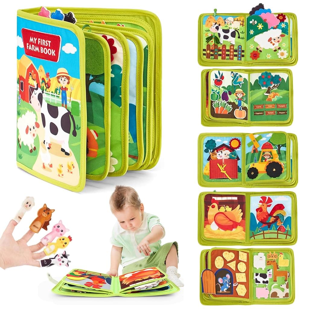 PATPAT Farm Toddler Busy Board with Hand Puppet, Montessori Toys for Boys Girls 1 2 3 4 Year Old, Educational Quiet Activity Book with Knowledge with Animal, Parent-Kids Activity Toy, Fit as Gifts