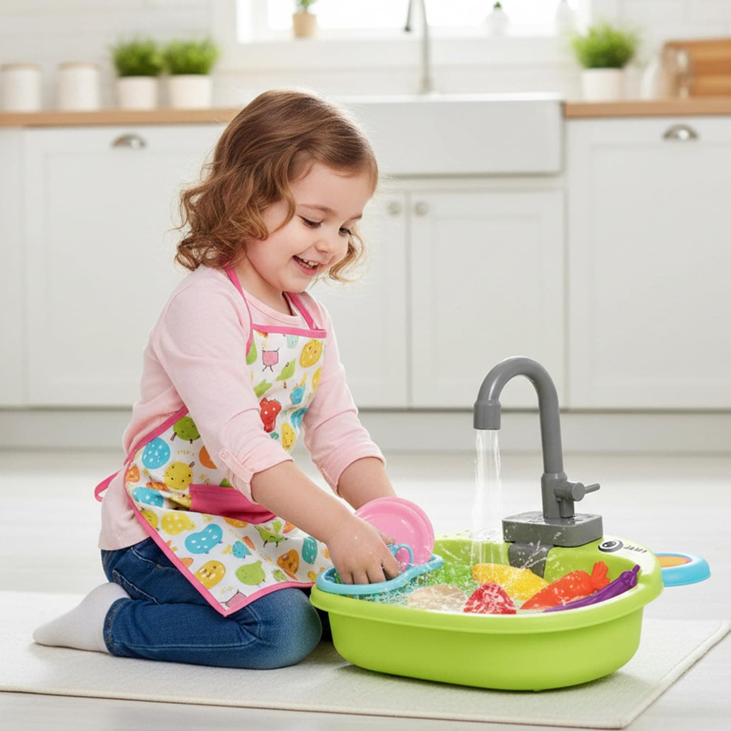 Amazon Brand - Jam & Honey Kitchen Play Set for Kids 2+ Years, Pretend Play Sink Toy with Running Water, Water Pump Kitchen Toy with Utensils, Role Play Toys for Girls, BIS Certified, Green