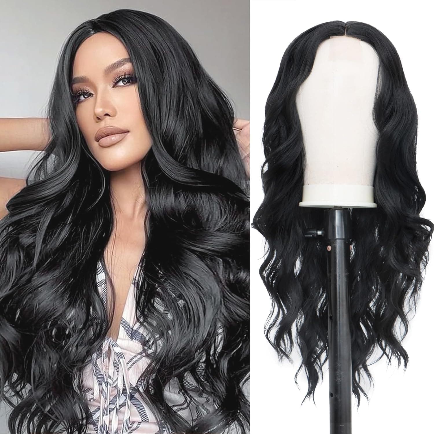 HAIR WALA™ Curly Wavy Wigs For Women 26 Inch Long Synthetic Wigs Middle Part Black Color Loose Wavy Heat Resistant Plus 02 Wig Cap Free