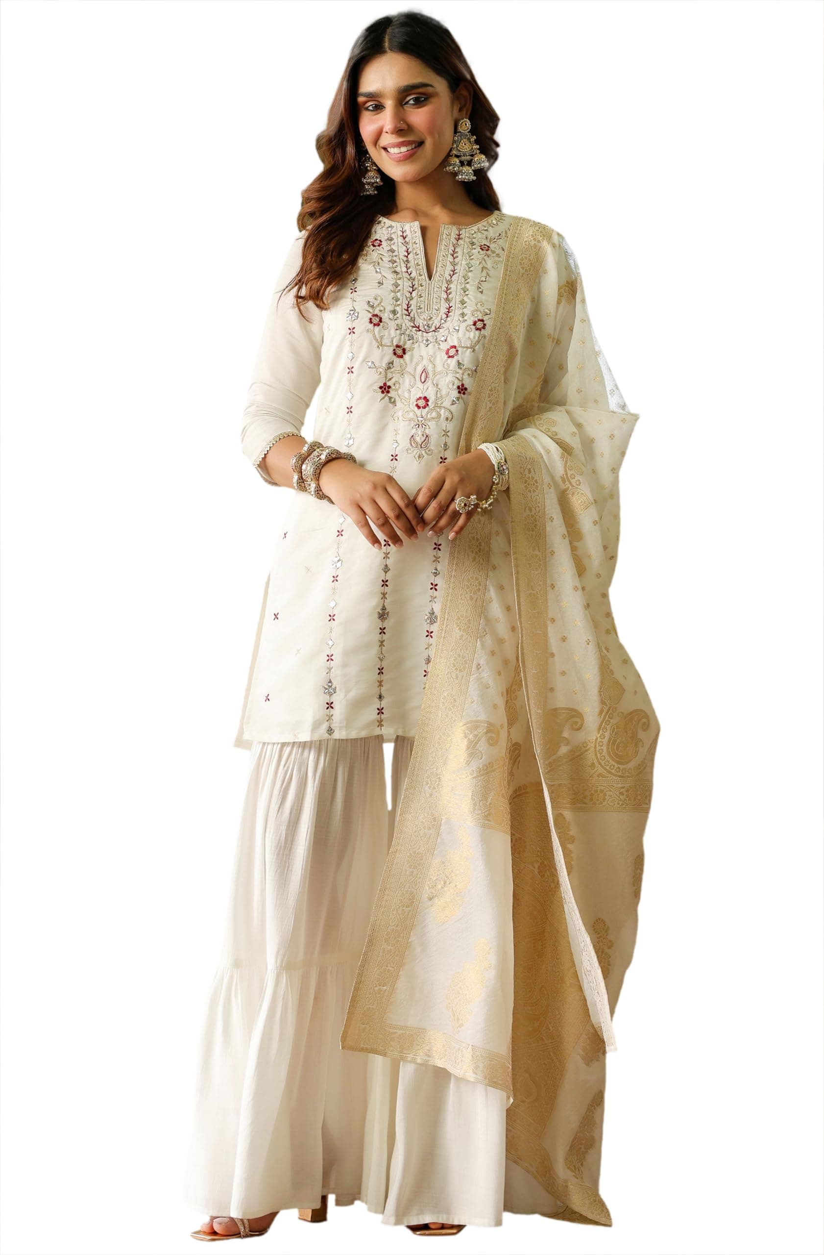 Janasya Women's Off White Chanderi Silk Embroidered Mirror Work Kurta With Sharara & Dupatta Set