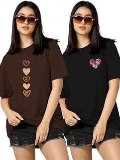 TQH Tshirt for Women | Oversized T Shirt for Woman | Tops for Women Western | Women's Tops | Pack of 2 Cotton Blend Drop Shoulder Printed Loose Fit Casual T-Shirts for Summer College Travel