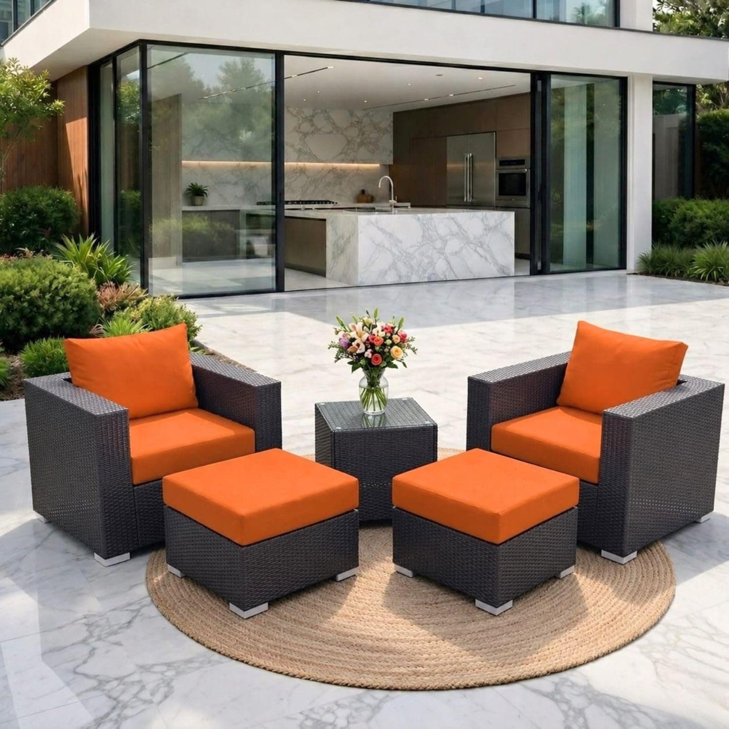 DEVOKO 5 Piece Garden Sofa Outdoor Rattan Patio Furniture Set Table and Ottomans with Soft Cushion for Balony, Garden, Poolside (Dark Brown & Orange)