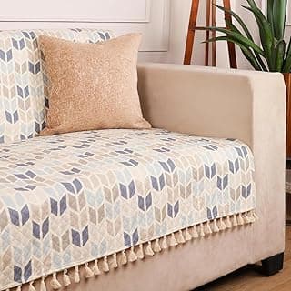 STITCHNEST Quilted Velvet Sofa Cover with Tassels – 70x60 Inch, Beige & Blue Chevron Pattern, Soft & Premium, Washable Sofa Protector for 3-Seater