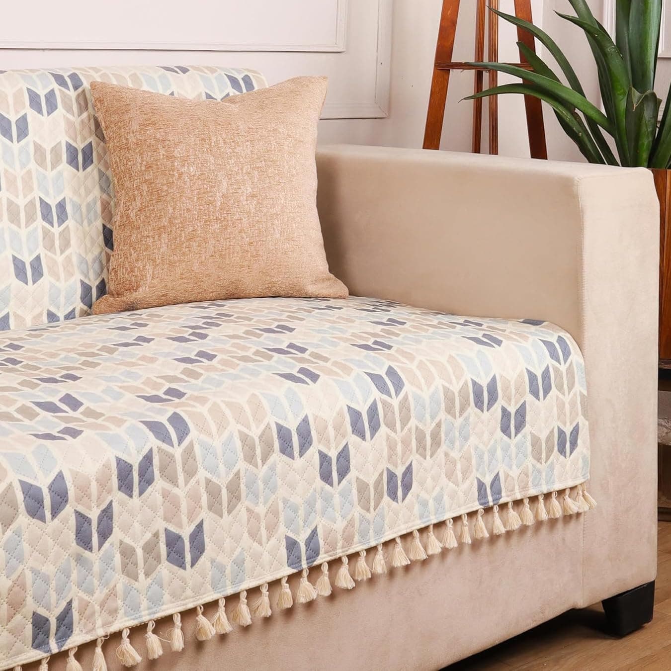 STITCHNEST Quilted Velvet Sofa Cover with Tassels – 24x60 Inch, Beige & Blue Chevron Pattern, Soft & Premium, Washable Sofa Protector for 1-Seater