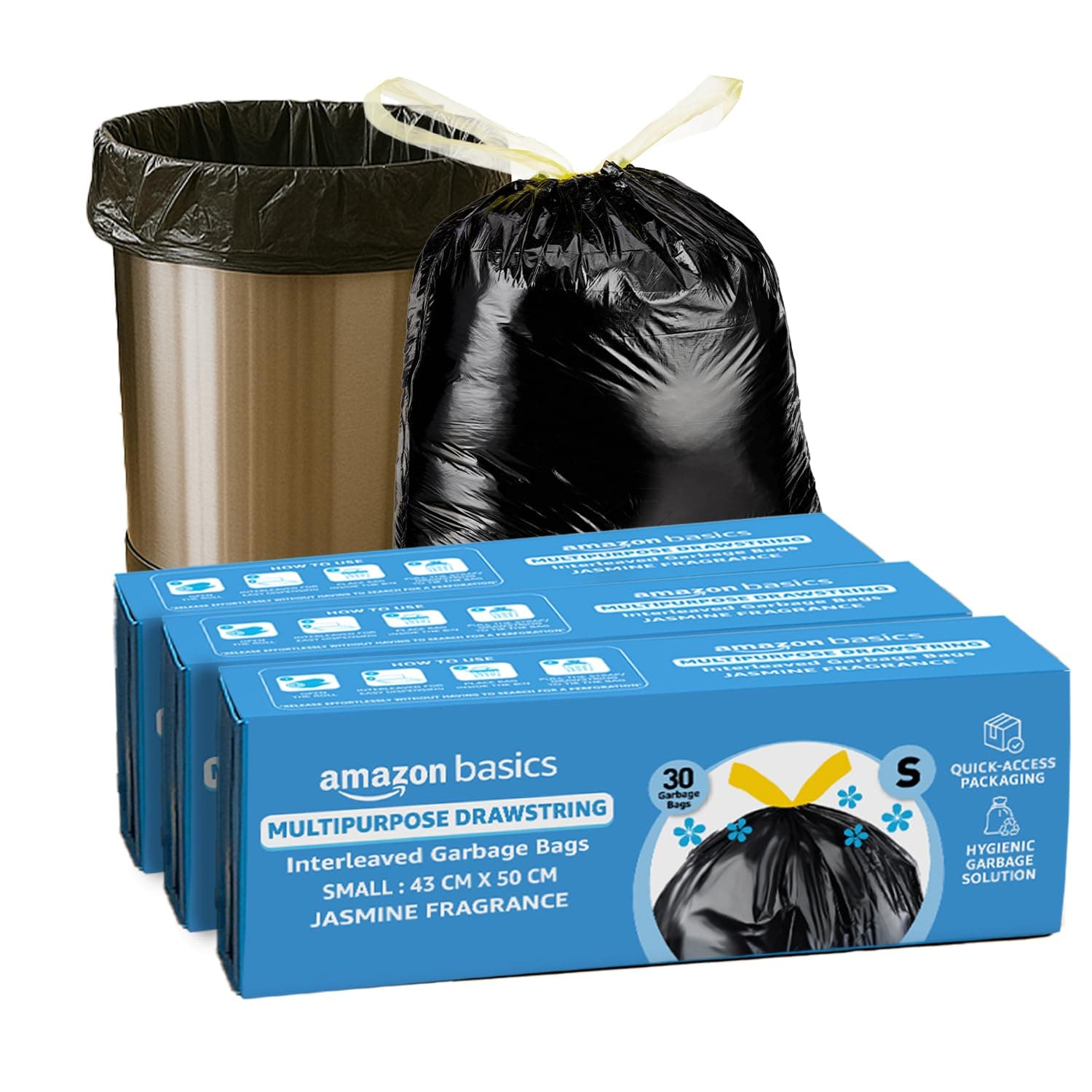 Amazon Basics Multipurpose Drawstring Garbage Bags | Small | 120 Count | 30 Bags x Pack of 4 | Heavy Duty | Jasmine Fragrance | Odour Control | No Tearing Needed