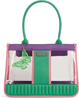 Caprese Madonna Laptop Tote Bag Large | Vibrant Transparent Handbag with Adjustable & Detachable Sling Strap, Secure Zip Closure | Shoulder Bag | Perfect for Office & Casual Use (Green & Purple)