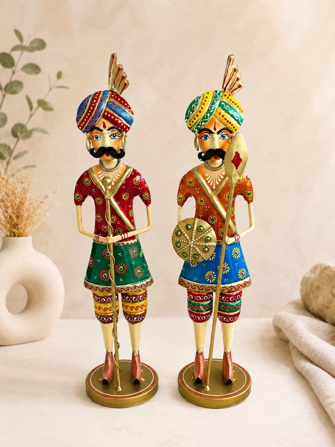 SETHI AESTHETIC Handcrafted Metal Rajasthani Chowkidar Set of 2 | Traditional Hand-Painted Royal Warrior Figurines | Indian Folk Art Decorative Showpiece for Home, Office & Lobby Decor | 15 Inch