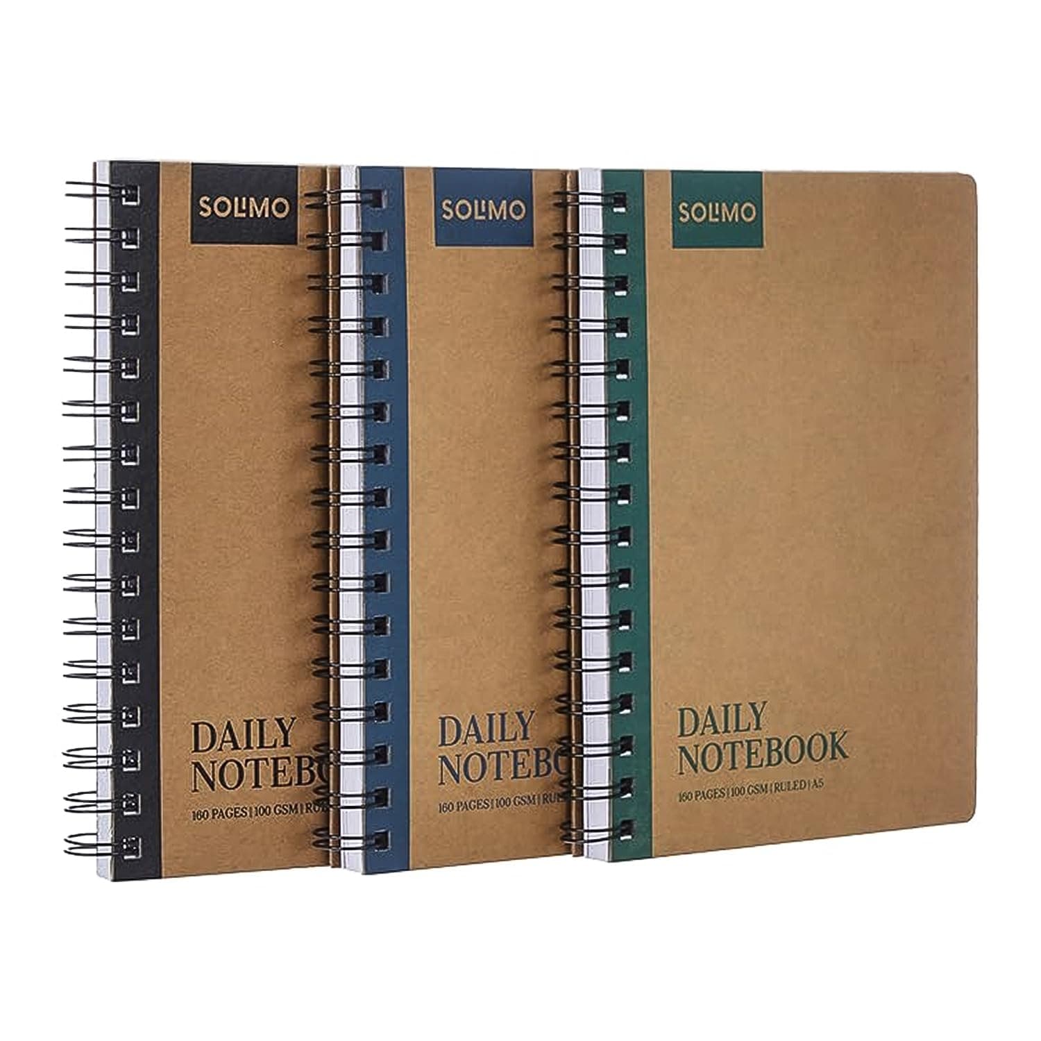 Amazon Brand - Solimo Notebooks, Spiral-Bound, Kraft Cover, Lightweight, Pleasing Designs (A5, 160 Pages, 100 GSM, Set of 3)