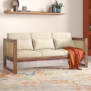 Urban Ladder Korai Plus Three Seater Sofa -Finish -Teak,Fabric - Macadamia Brown Hopsack Weave