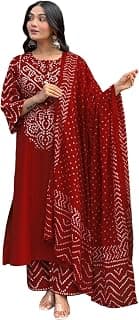 GoSriKi Kurta Sets for Women Rayon Viscose Bandhani Printed | Kurti Set for Woman | Kurta Pant Dupatta Set | Straight Kurti | Round Neck 3/4 Sleeve Suit Set for Women Stylish Ethnic Outfit