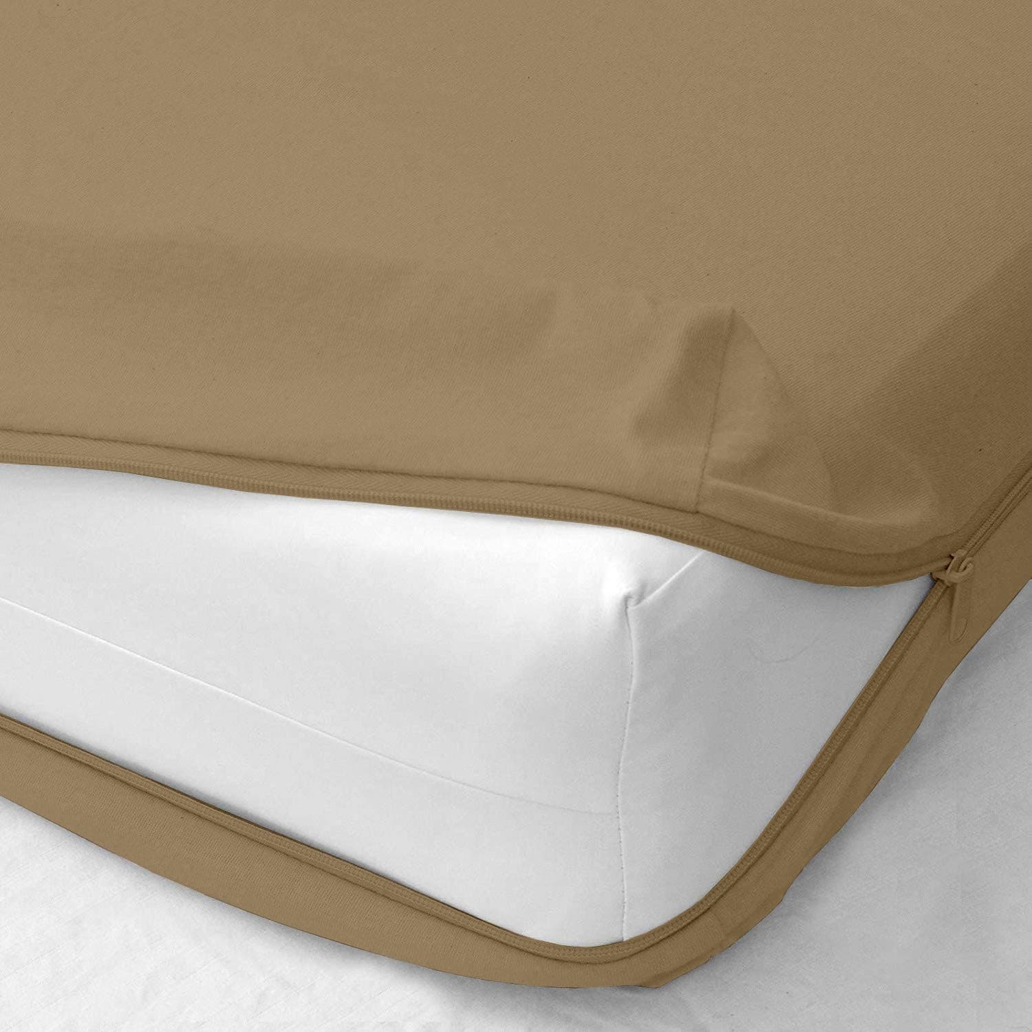 Cott Linen - Six Sided Zippered Chain 84"x48"x10" Terry Cotton Waterproof Mattress Protector Mattress Cover for Double Bed Size with 10 inch Drop Thick (84x48x10 inch,Beige)