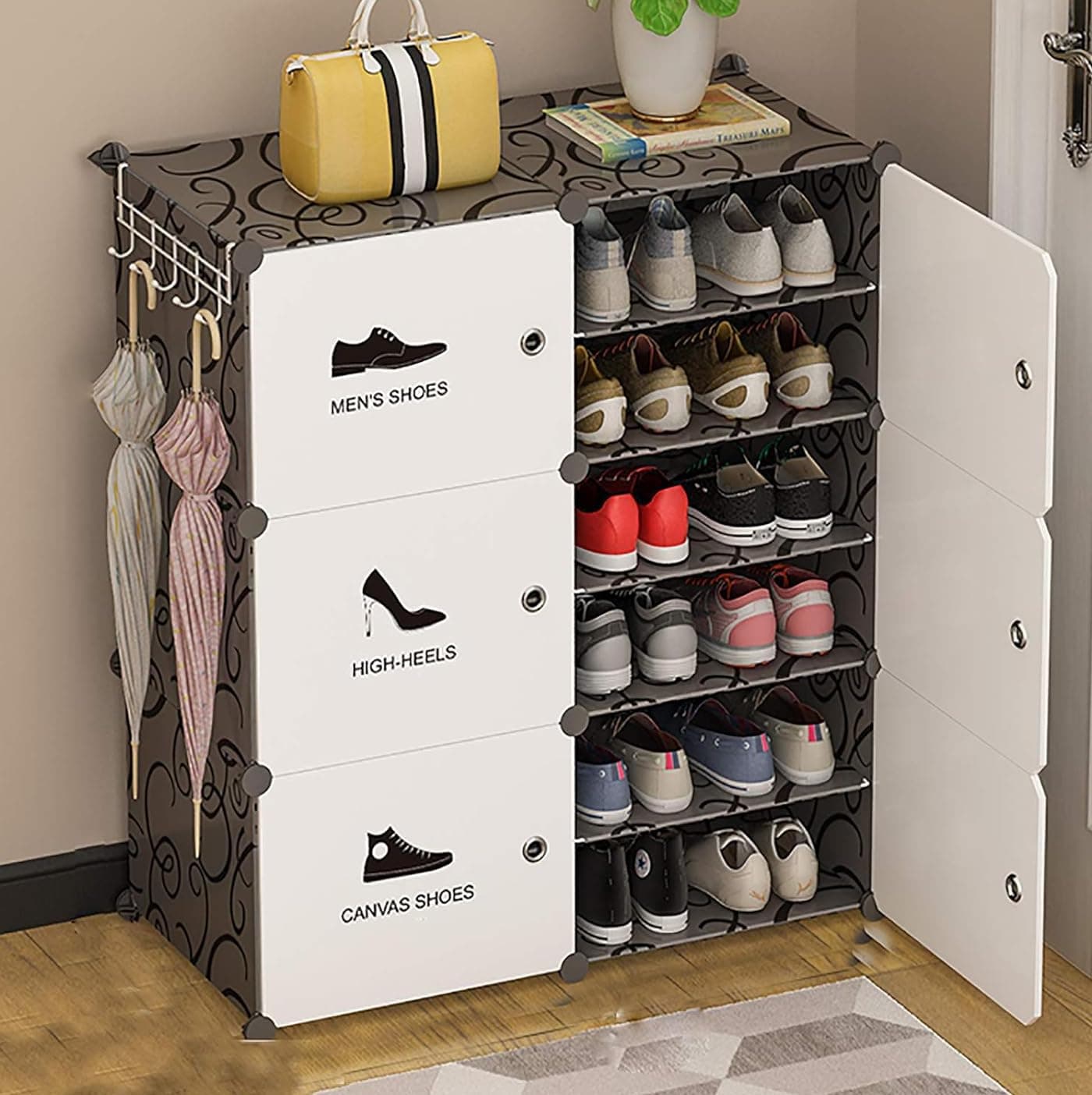 Sunderlook Shoe Rack Plastic for Home- Shoe Stand, Chappal Stand, Professional Multipurpose Foldable Standing Comfort Runner Shoe Rack with Door, Slipper Stand (Black & White, 12 Shelf 6 Door)