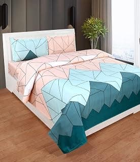 DECOMIZER Xl Microfiber Soft Cotton Queen Geometric Bedsheet For Double Bed,Queen Size 90 Inches X 100 Inches,230 X 250 Cm With 2 Large Size Pillow Covers Without Joint-Beige Green | 144 Tc