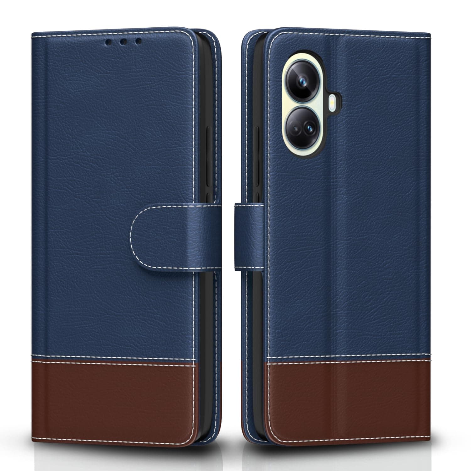 Amazon Basics Flip Cover for Realme 10 Pro Plus 5G | Wallet Style & Stand | Dual-Tone PU Leather Finish | Magnetic Flip Case (Blue & Brown)