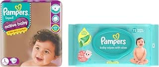 Pampers Active Baby Taped Diapers, Large size diapers, (L) 18 count, taped style custom fit & Pampers Baby Aloe Wipes with Lid, 72 Wipes