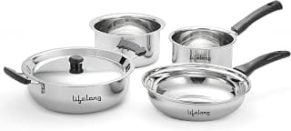Lifelong 4 Pc Stainless Steel Cookware Set | 2.2L Kadhai with Lid 22cm | 1.4L Fry Pan 22cm | 1.2L Saucepan 14cm |1.4L Tope 16cm | Comes with Common Lid | Induction & Gas Compatible |Bakelite Handles