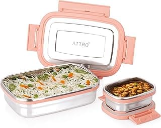 Attro Click Eat Junior Stainless Steel Lunch Box with 1 Small Box Airtight Spill Proof BPA Free Ideal for Office, School, Picnic - 650ml+140ml Peach